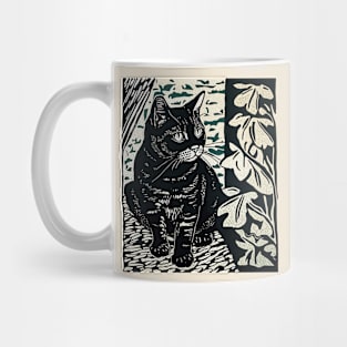 Woodblock print style illustration of black cat Mug